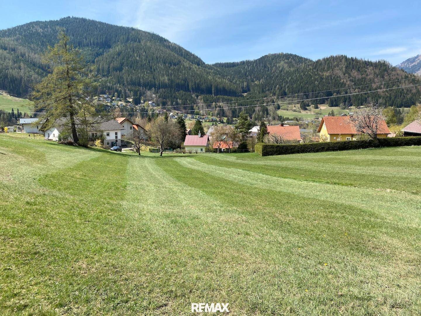 Sonnige Wiesen und Felder mit Blick auf die umliegenden Häuser und die bewaldeten Berghänge in einer ruhigen Gegend.