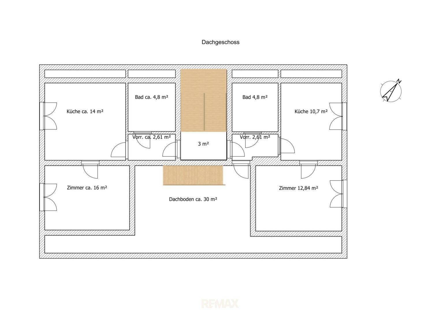Grundriss des Dachgeschosses mit zwei Küchen, zwei Bädern und mehreren Zimmern sowie einem Dachboden.