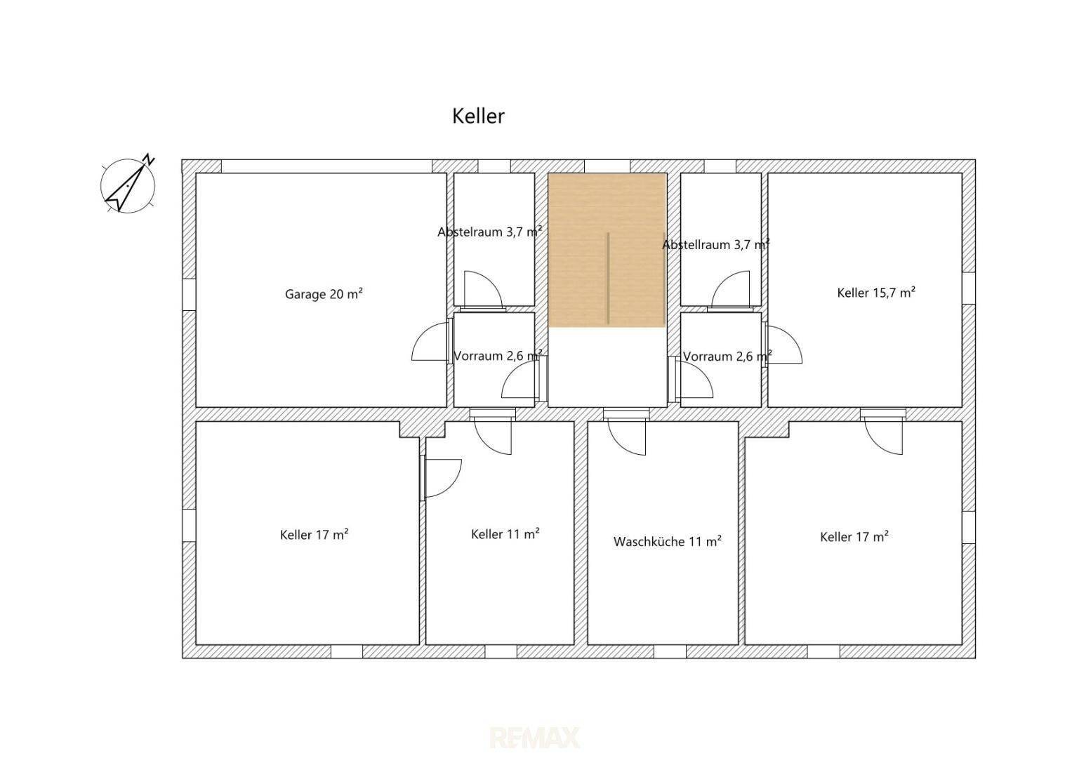 Grundriss Kellergeschoss mit Garage, Abstellräumen und Waschküche.