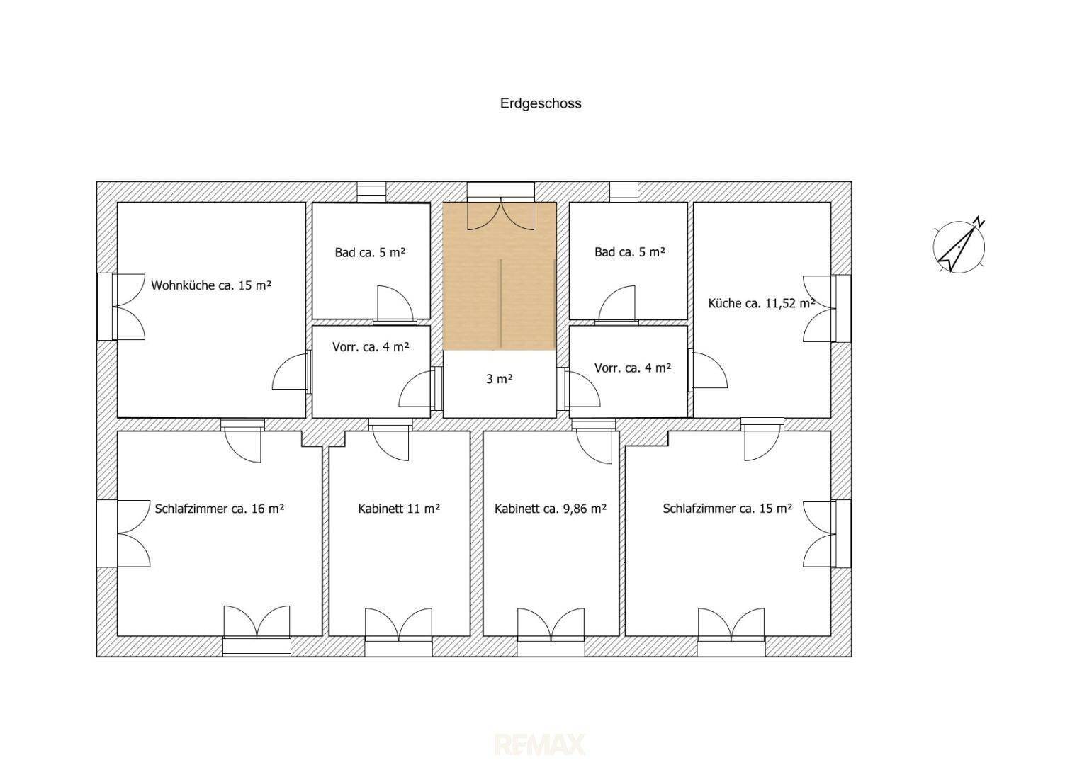 Grundriss Erdgeschoss mit Wohnküche, Schlafzimmern und Bädern, ca. 125 m².