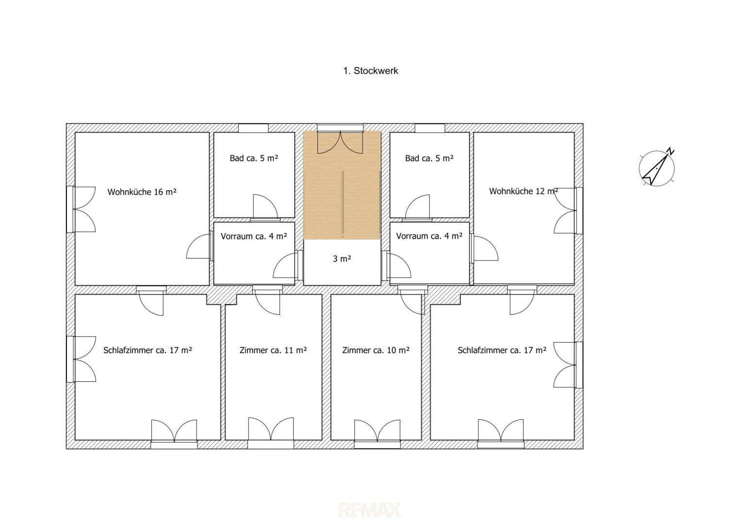 Grundriss 1. Stockwerk mit Wohnküche, Schlafzimmern und Bädern, ca. 125 m².