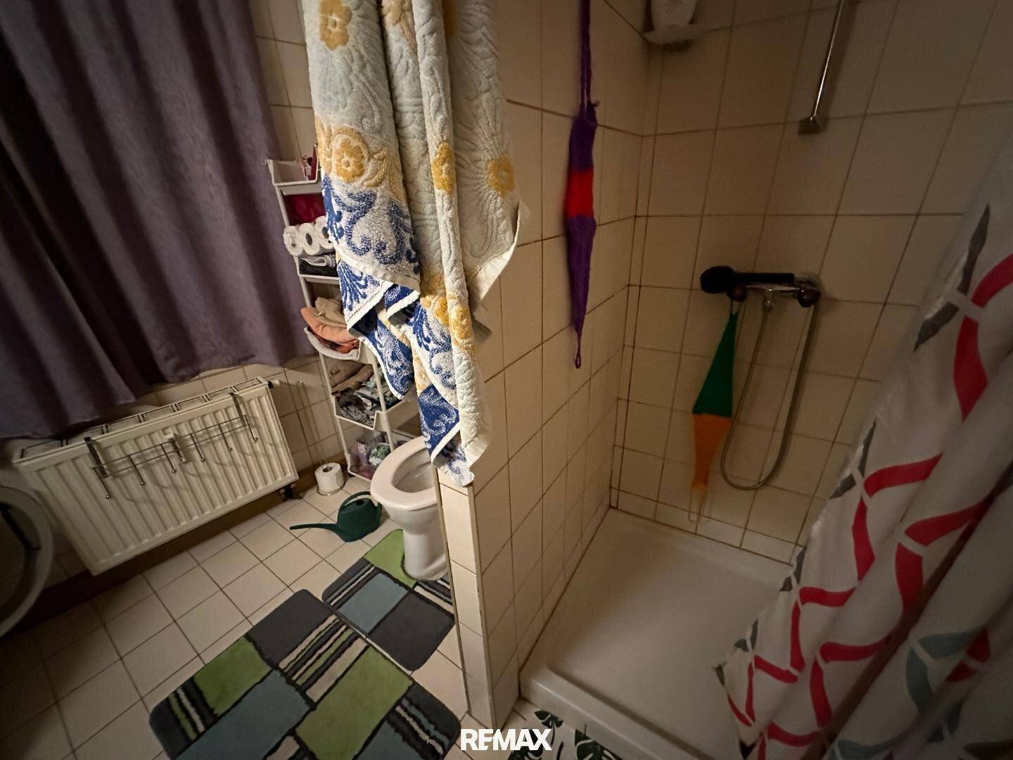 Badezimmer mit Dusche, Toilette und Heizkörper, einfach gefliest und mit Teppichen.