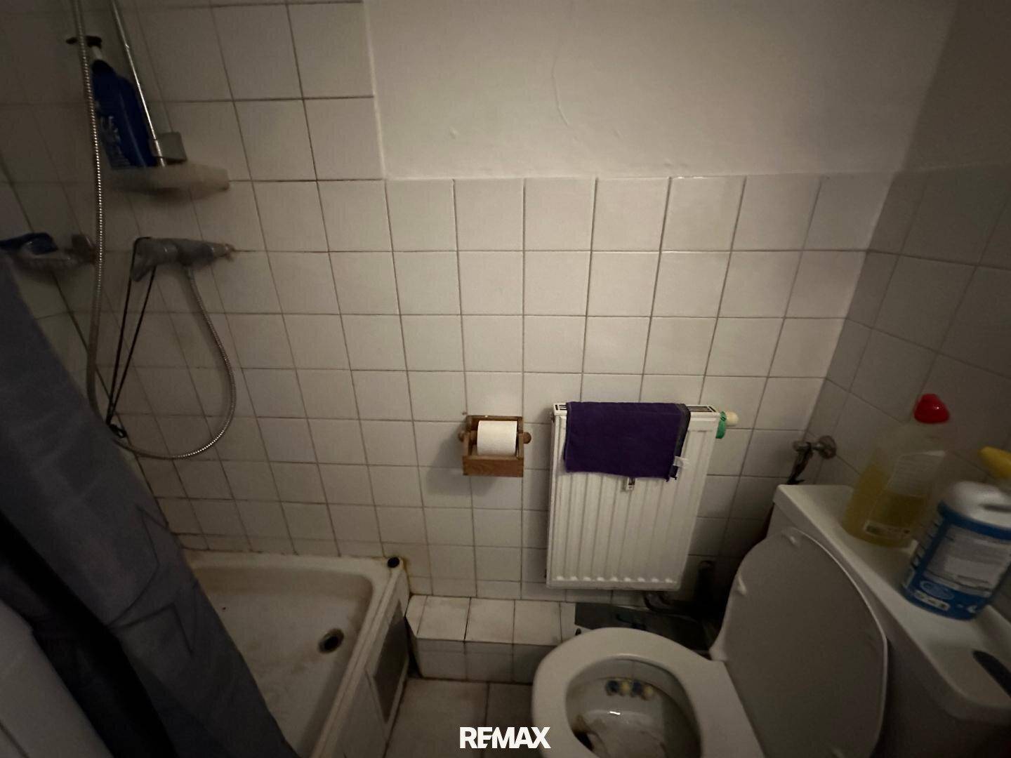 Kleines Badezimmer mit Dusche, Toilette und Heizkörper, einfach gefliest.