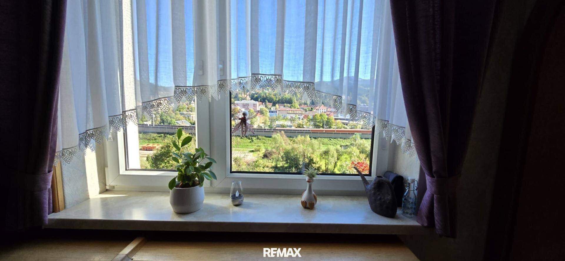 Fenster mit weitem Blick auf die grüne Umgebung und eine Siedlung in der Ferne.