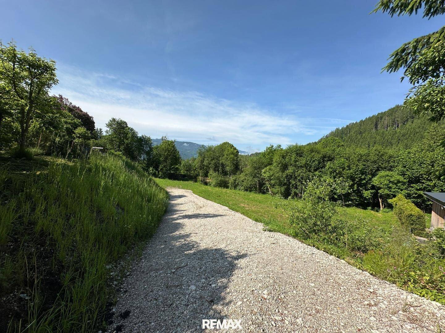 Kiesweg führt durch eine grüne Landschaft mit Bäumen und einem weiten Blick auf die Berge.