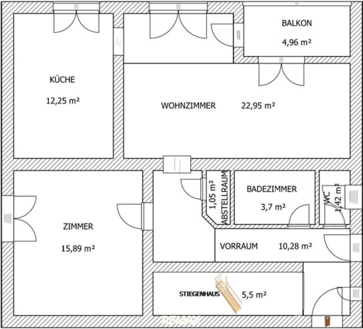 Grundriss des Obergeschosses mit Küche, Wohnzimmer, Zimmer und Balkon.