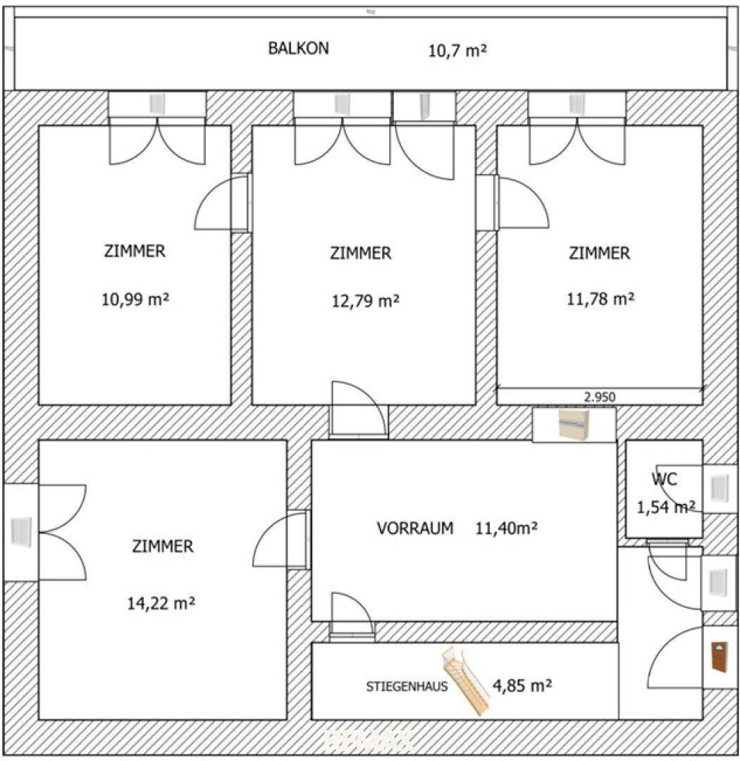 Grundriss des Untergeschosses mit vier Zimmern, Vorraum und Balkon.