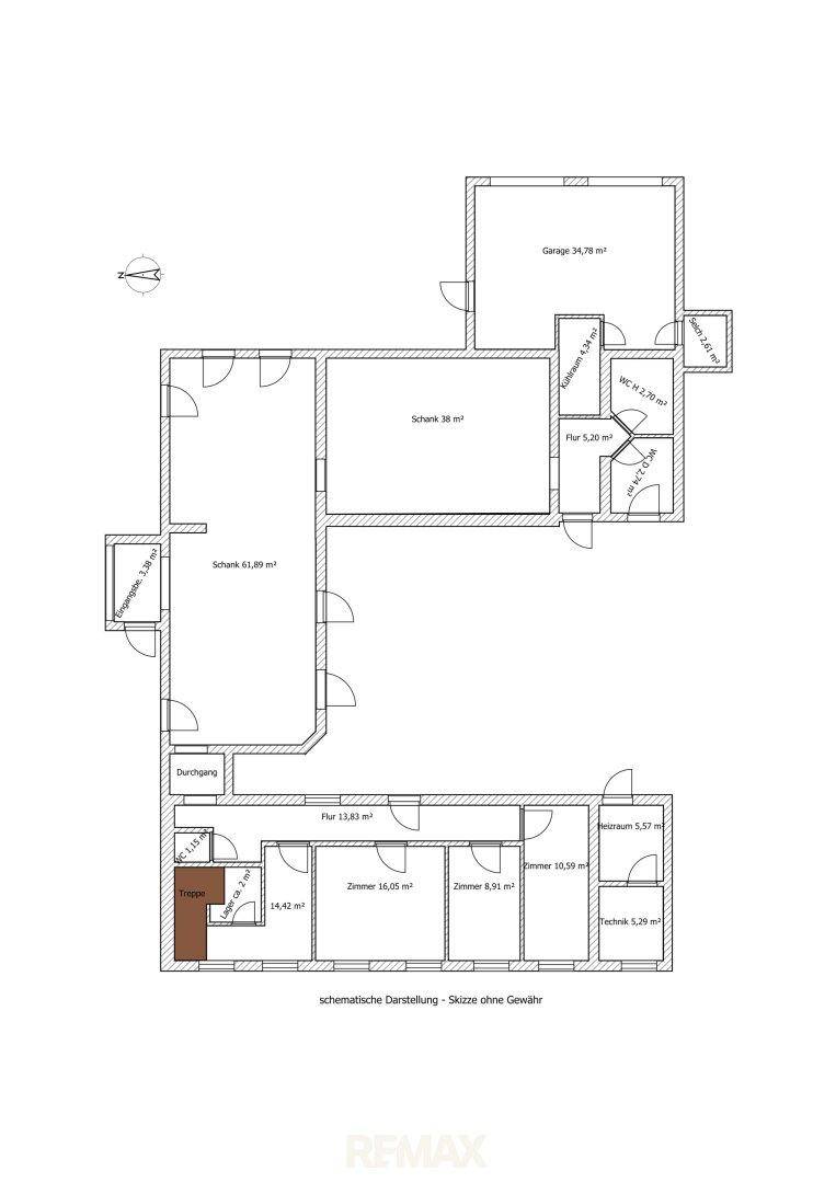 Grundrissplan mit Raumaufteilung, inklusive Garage und mehreren Zimmern.