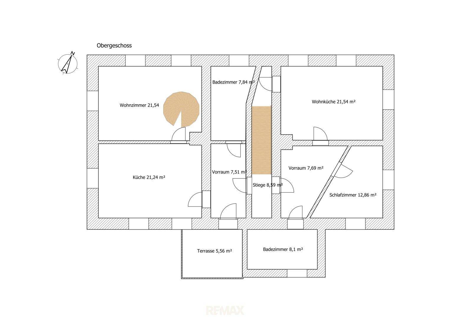 Grundriss des Obergeschosses mit Wohnzimmer, Küche, Bad und Terrasse.