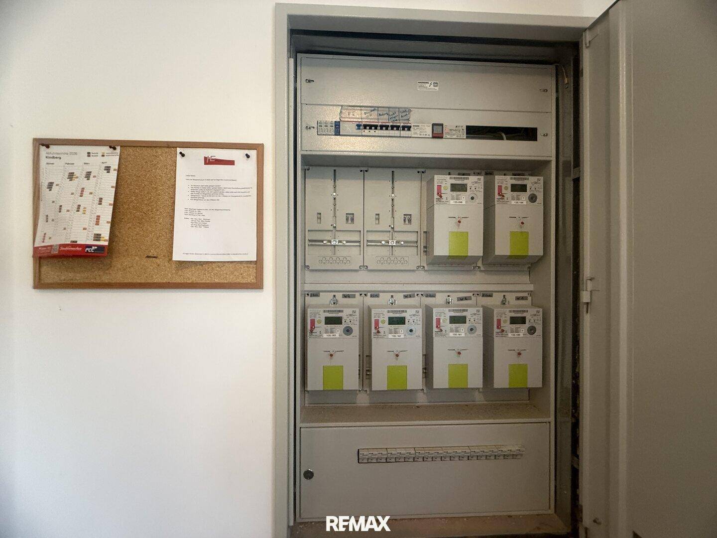 Elektrischer Verteilerkasten mit mehreren Stromzählern in einem Technikraum.