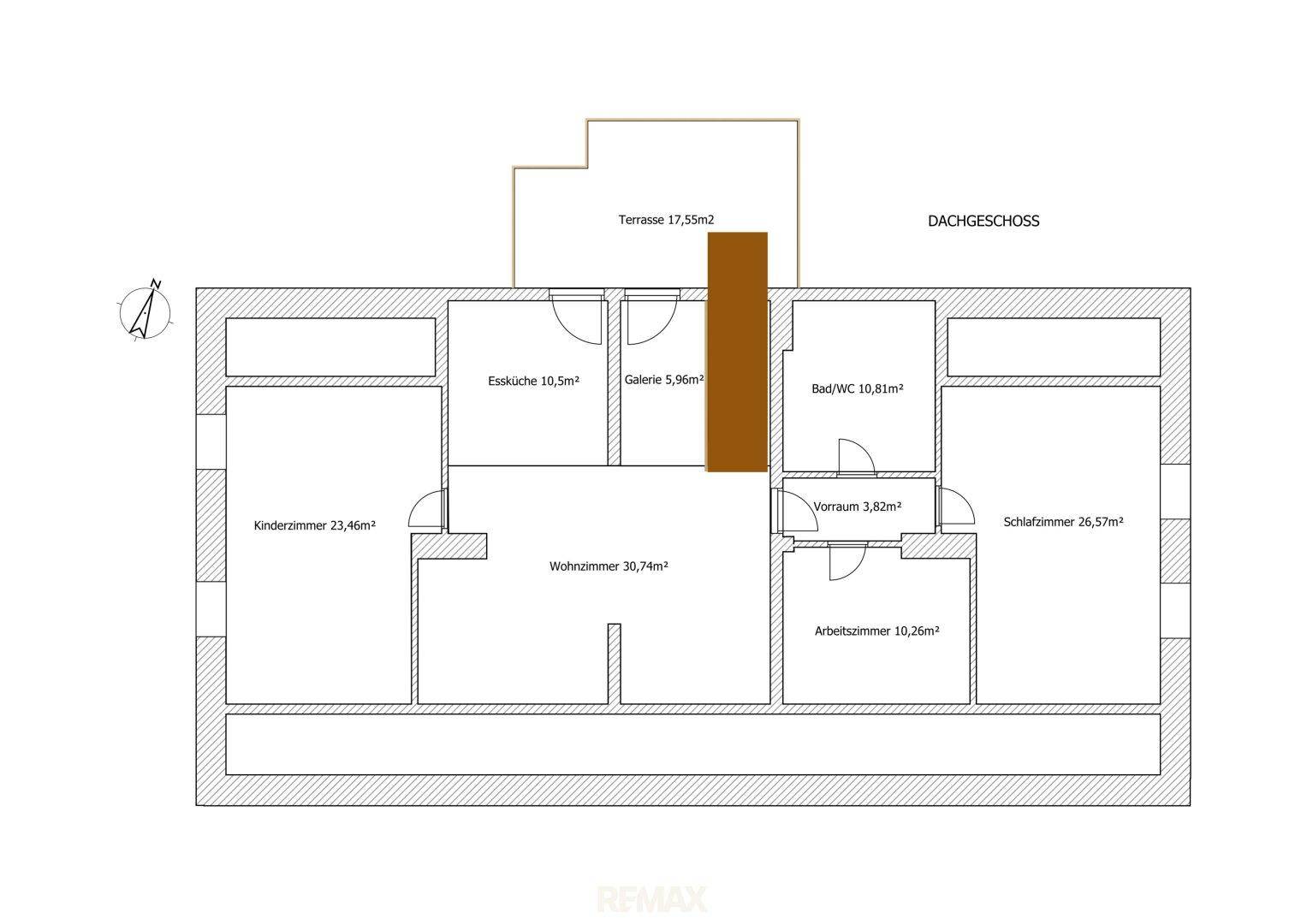 Grundriss des Dachgeschosses mit Essküche, Wohnzimmer, Schlafzimmern und einer Terrasse.