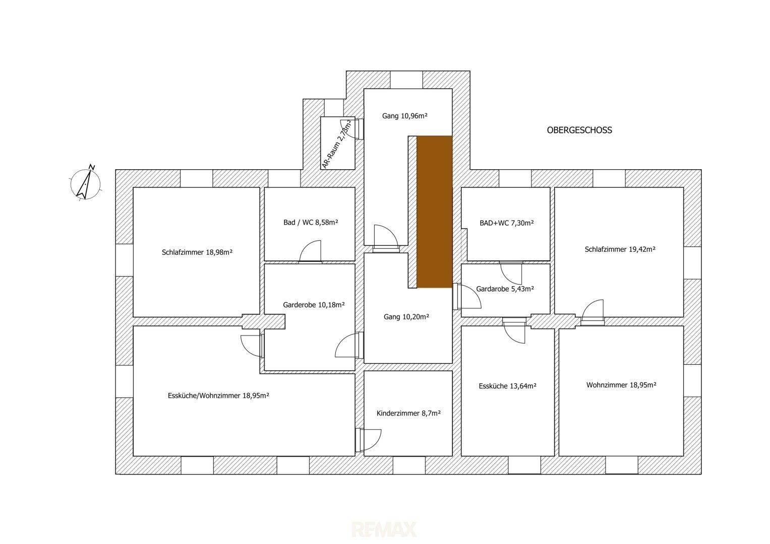 Grundriss des Obergeschosses mit Schlafzimmern, Essküche/Wohnzimmer und Garderobenbereichen.