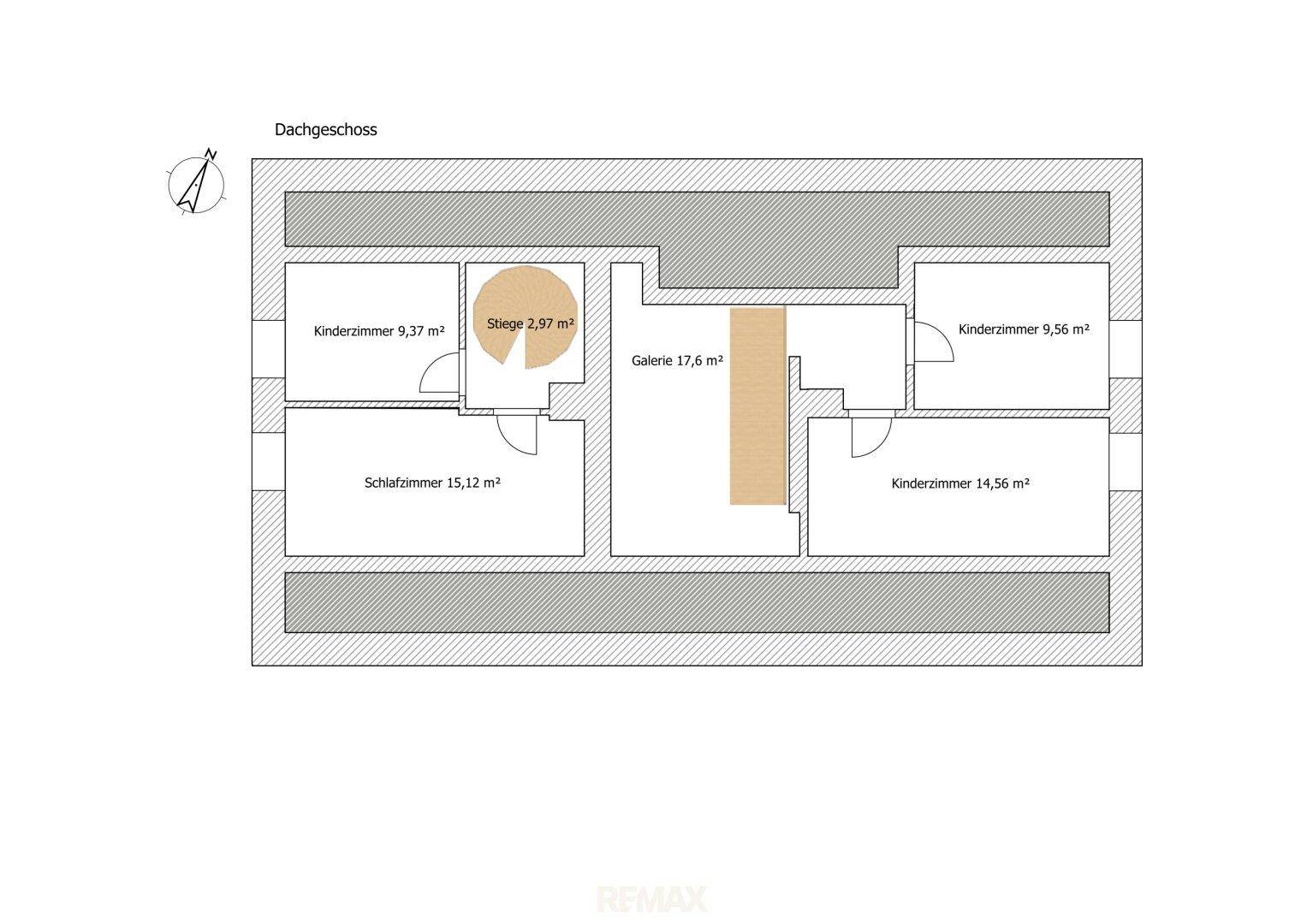 Grundriss des Dachgeschosses mit drei Kinderzimmern, einem Schlafzimmer und einer Galerie.