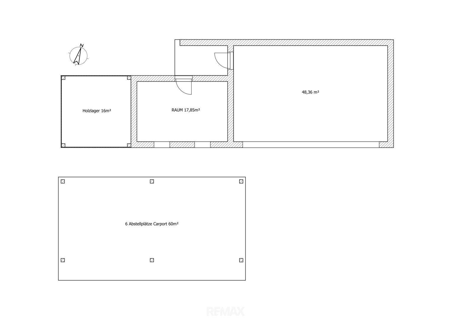 Grundriss mit Holzlager, einem Raum und einem Carport mit sechs Abstellplätzen.