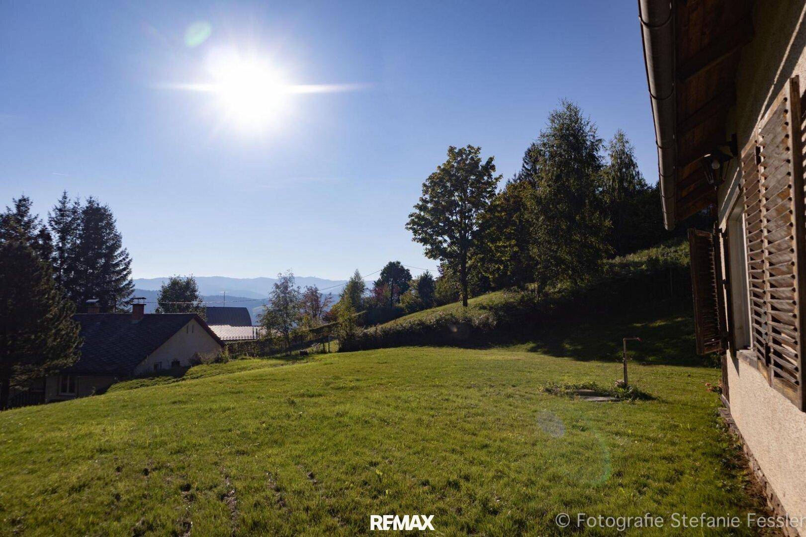 Sonnige Außenansicht eines Hauses mit grüner Wiese, Bäumen und Bergblick.