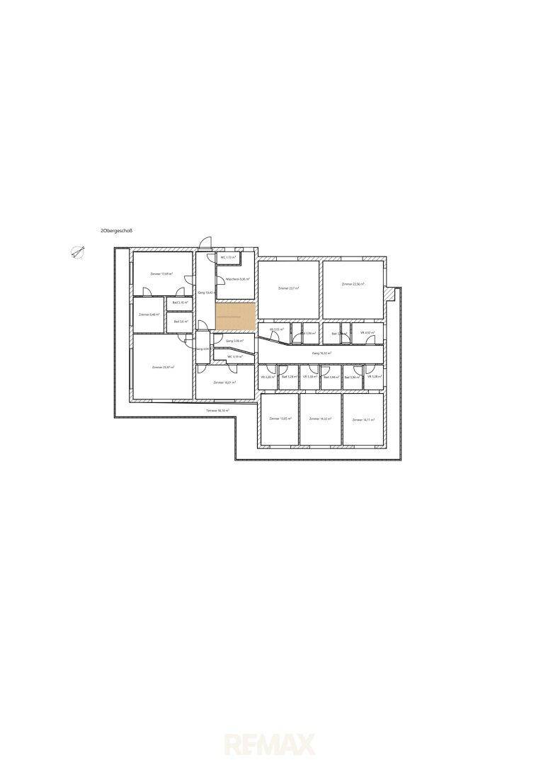 Grundriss des zweiten Obergeschosses, zeigt die Aufteilung in verschiedene Räume und Nasszellen.