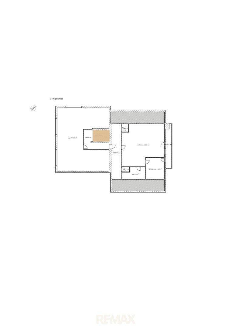 Grundriss des Dachgeschosses mit Schlafzimmern, Bad und einem Balkon.