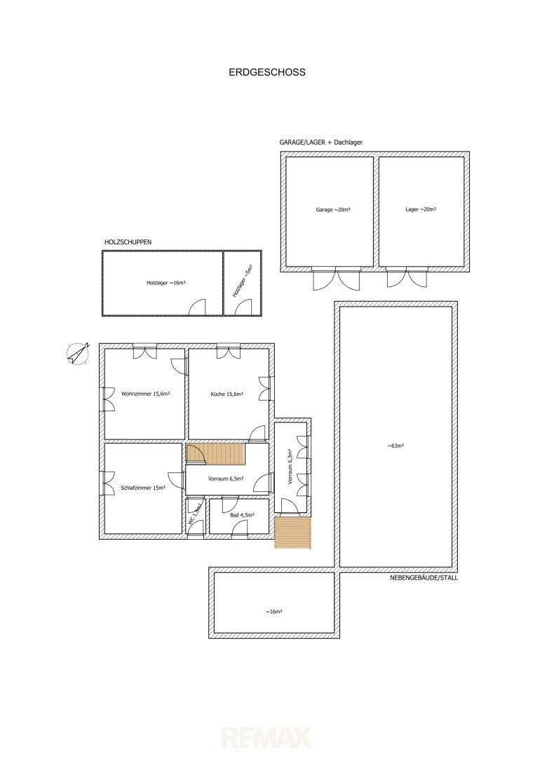 Grundriss des Erdgeschosses mit Wohnzimmer, Küche, Schlafzimmer und Garage.