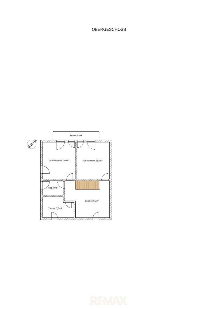 Grundriss des Obergeschosses mit Schlafzimmern, Bad und Galerie.