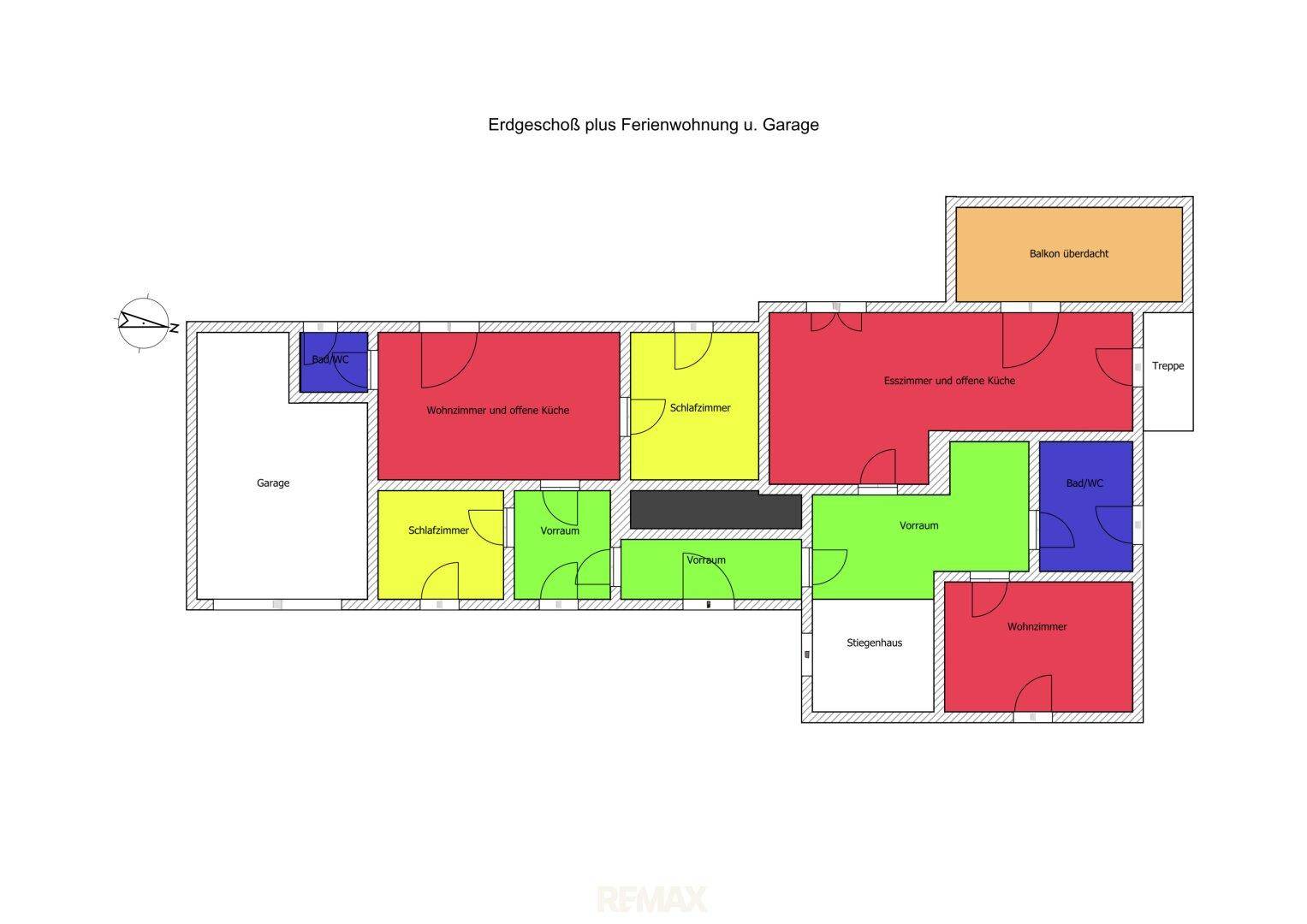 Grundriss des Erdgeschosses mit Ferienwohnung, Garage und Balkon.