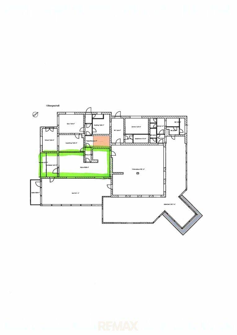 Grundriss des Obergeschosses mit mehreren Räumen und einem hervorgehobenen Bereich.