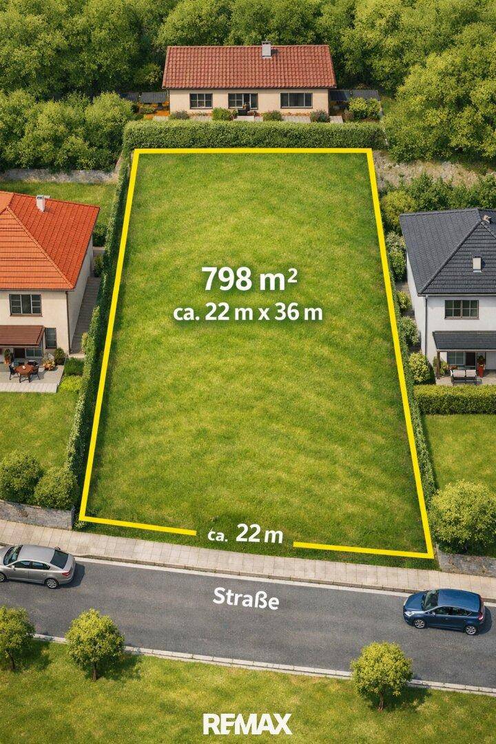 Luftaufnahme eines 798 m² großen Grundstücks mit Rasenfläche, umgeben von Wohnhäusern und einer Straße.