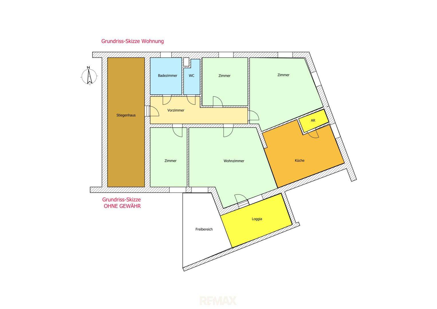 Grundriss-Skizze einer Wohnung mit mehreren Zimmern, Bad, WC, Küche und Loggia.