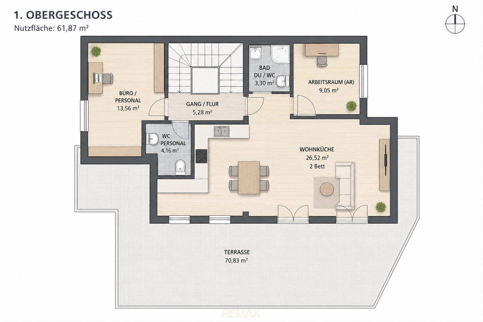 Grundriss des 1. Obergeschosses mit Wohnküche, Büro und großer Terrasse.