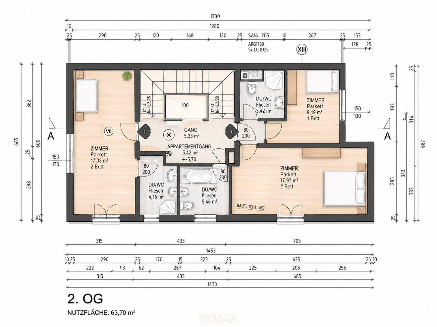 Grundriss des 2. Obergeschosses mit drei Zimmern, zwei Bädern und einer Nutzfläche von 63,70 m².