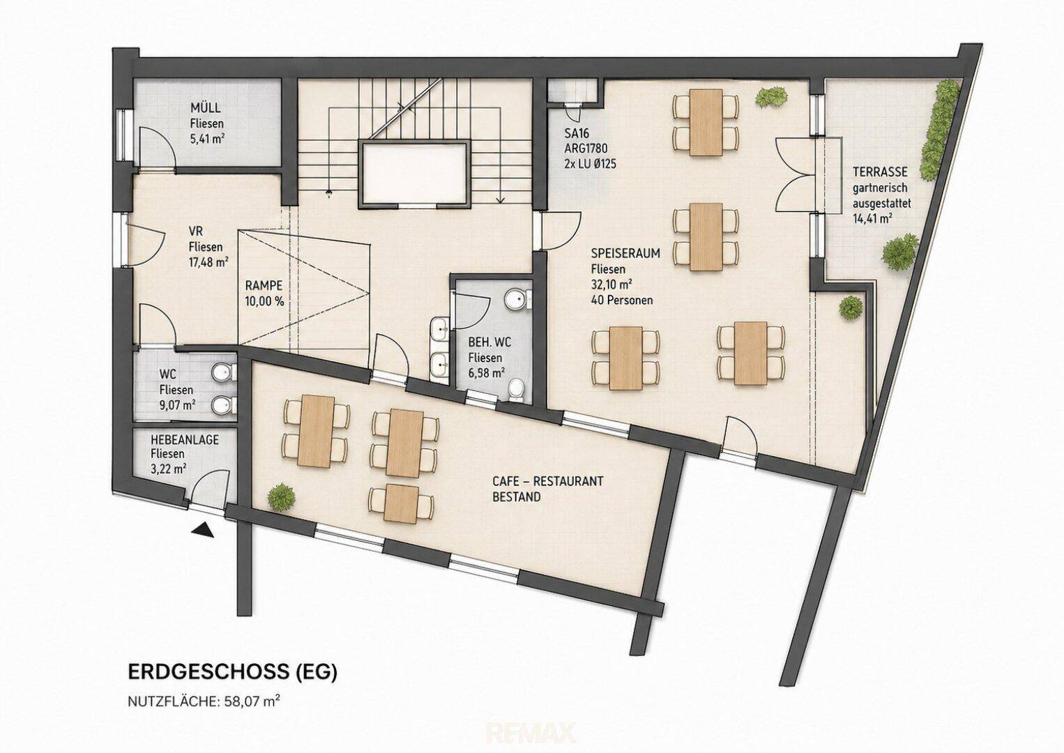 Grundriss des Erdgeschosses mit Speiseraum, Cafébereich und großer Terrasse.