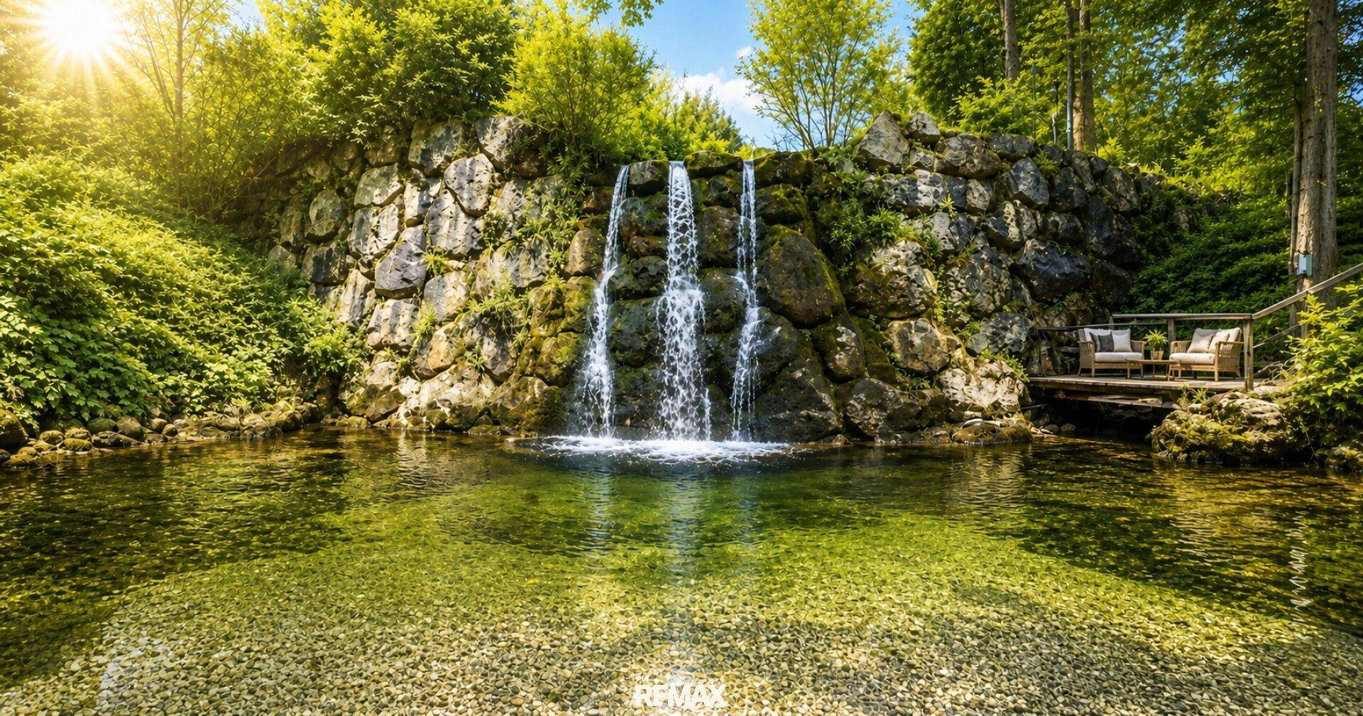 Idyllischer Wasserfall mit Teich und einer kleinen Sitzgelegenheit am Ufer.