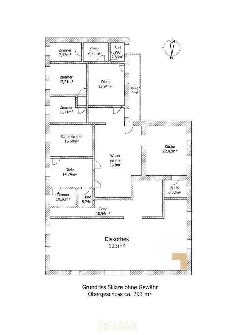Grundriss des Obergeschosses mit mehreren Zimmern, Küche, Bad, Balkon und Diskothek.