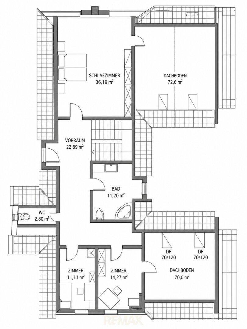 Grundriss des Obergeschosses mit Schlafzimmer, Bad und Dachbodenflächen.