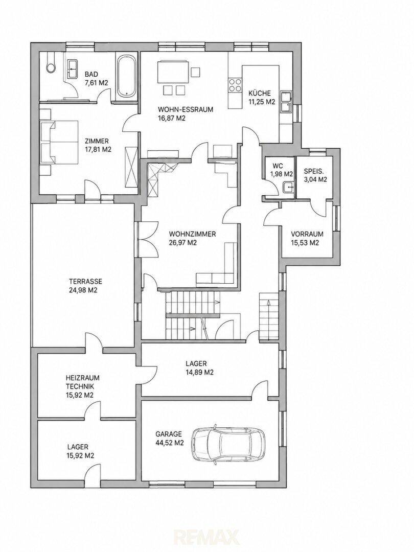 Grundriss des Erdgeschosses mit Wohn-Essbereich, Küche, Terrasse und Garage.