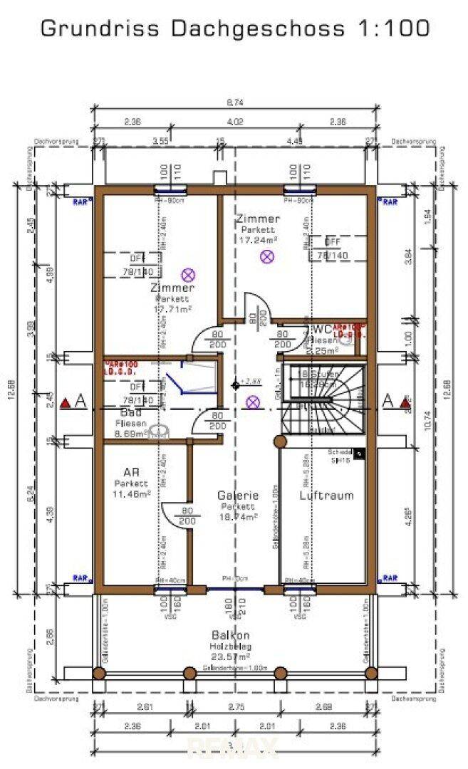 Grundriss des Dachgeschosses mit Zimmern, Bad und Balkon.