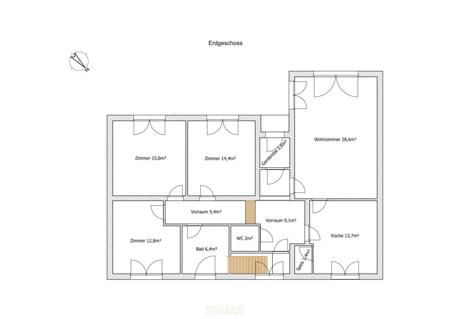 Grundriss des Erdgeschosses mit Wohnzimmer, Küche, Bad und mehreren Zimmern.