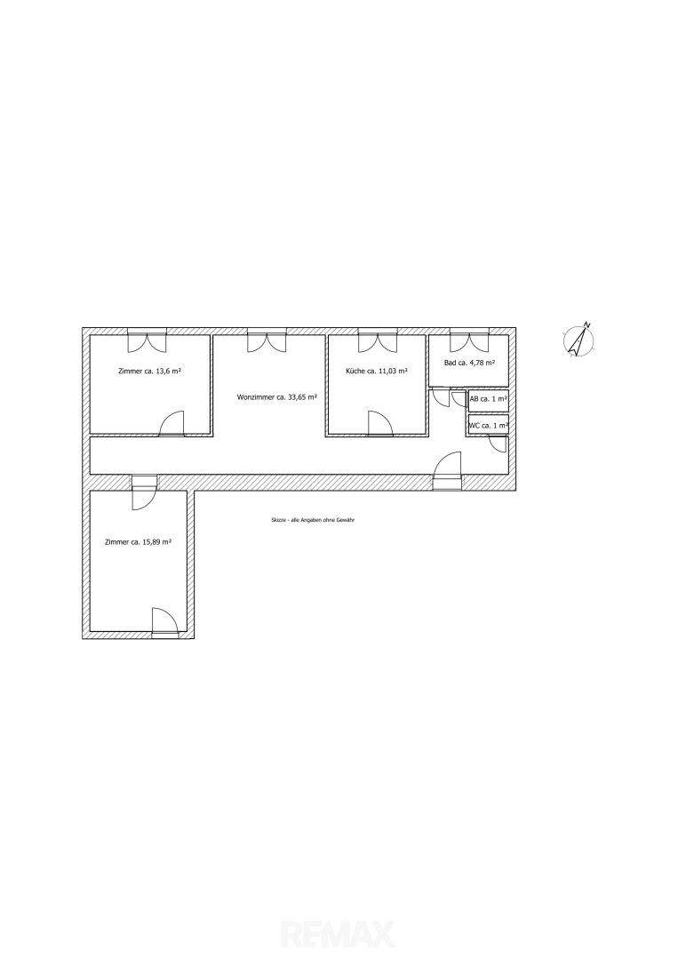 Grundrissplan der Wohnung mit Raumaufteilung und Flächenangaben.