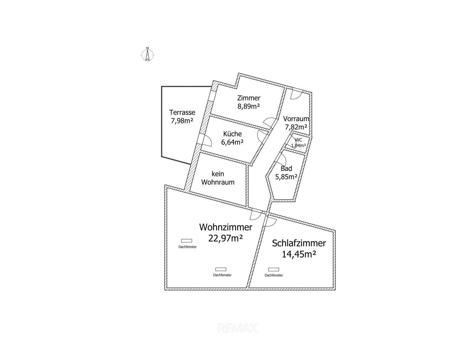 Grundrissplan mit Aufteilung in Wohnzimmer, Schlafzimmer, Küche, Bad, WC und Terrasse.