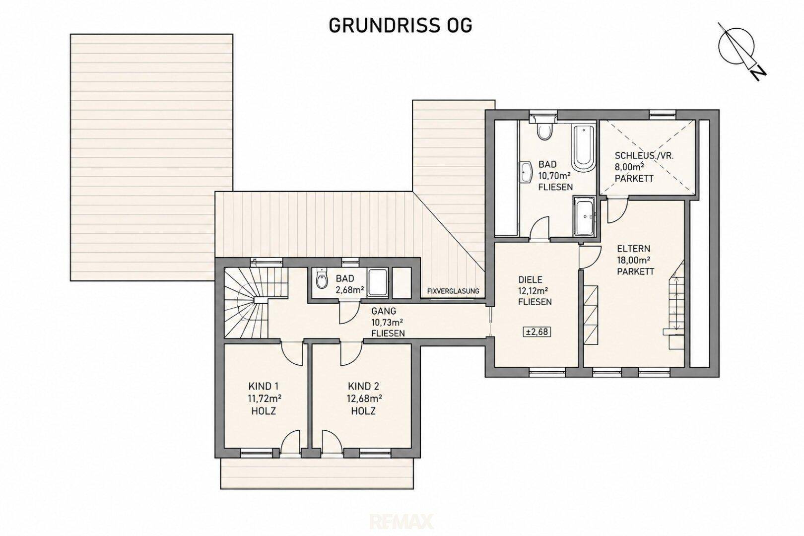 Grundriss des Obergeschosses mit zwei Kinderzimmern, Elternschlafzimmer und Bädern.