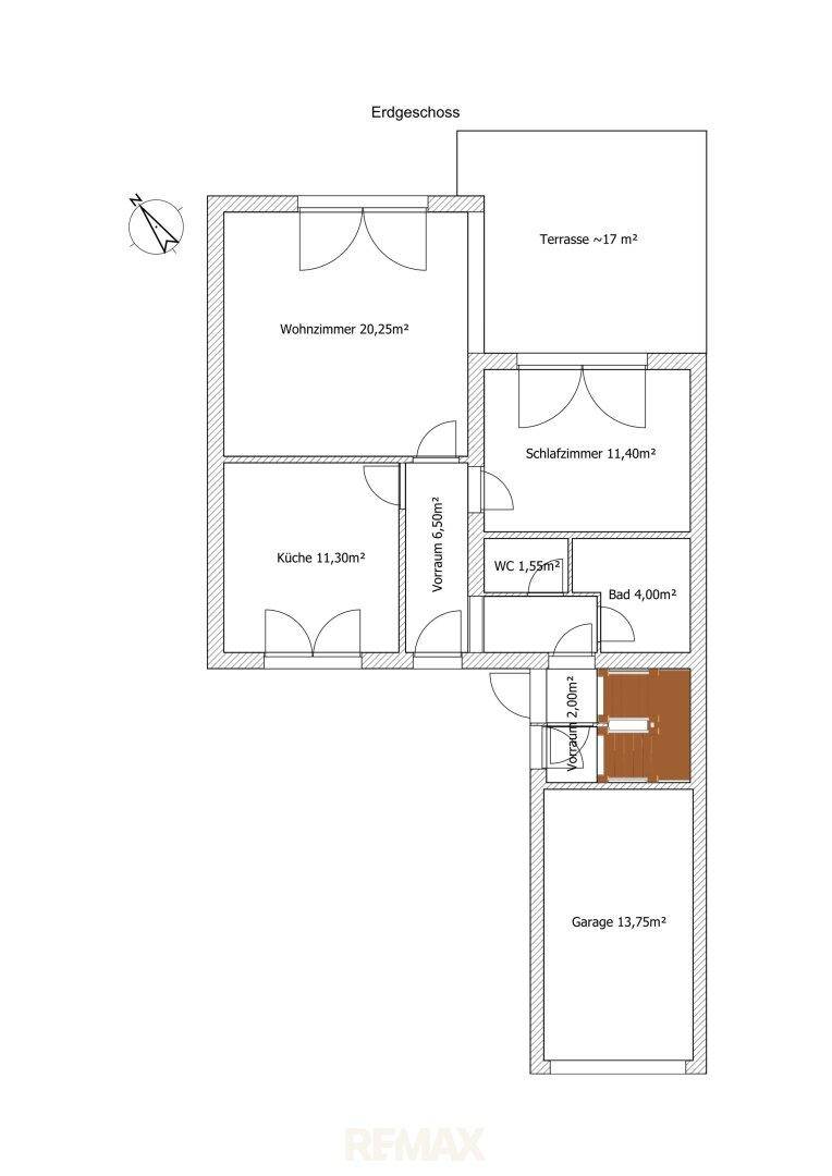 Grundriss des Erdgeschosses mit Wohnzimmer, Küche, Schlafzimmer, Bad, WC, Terrasse und Garage.