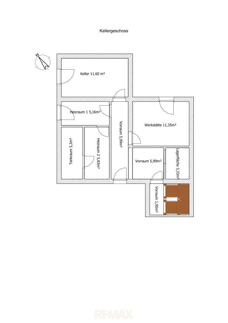 Grundriss des Kellergeschosses mit Kellerraum, Heizraum, Tankraum, Werkstätte und Lagerräumen.