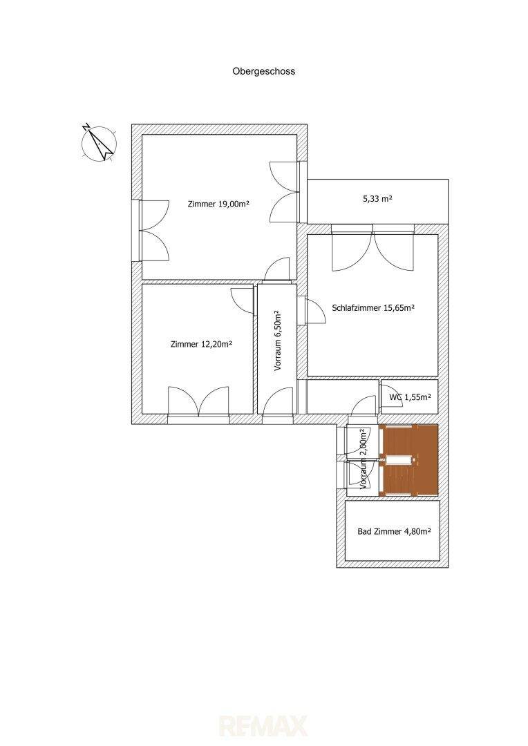 Grundriss des Obergeschosses mit zwei Zimmern, Schlafzimmer, Bad und WC.