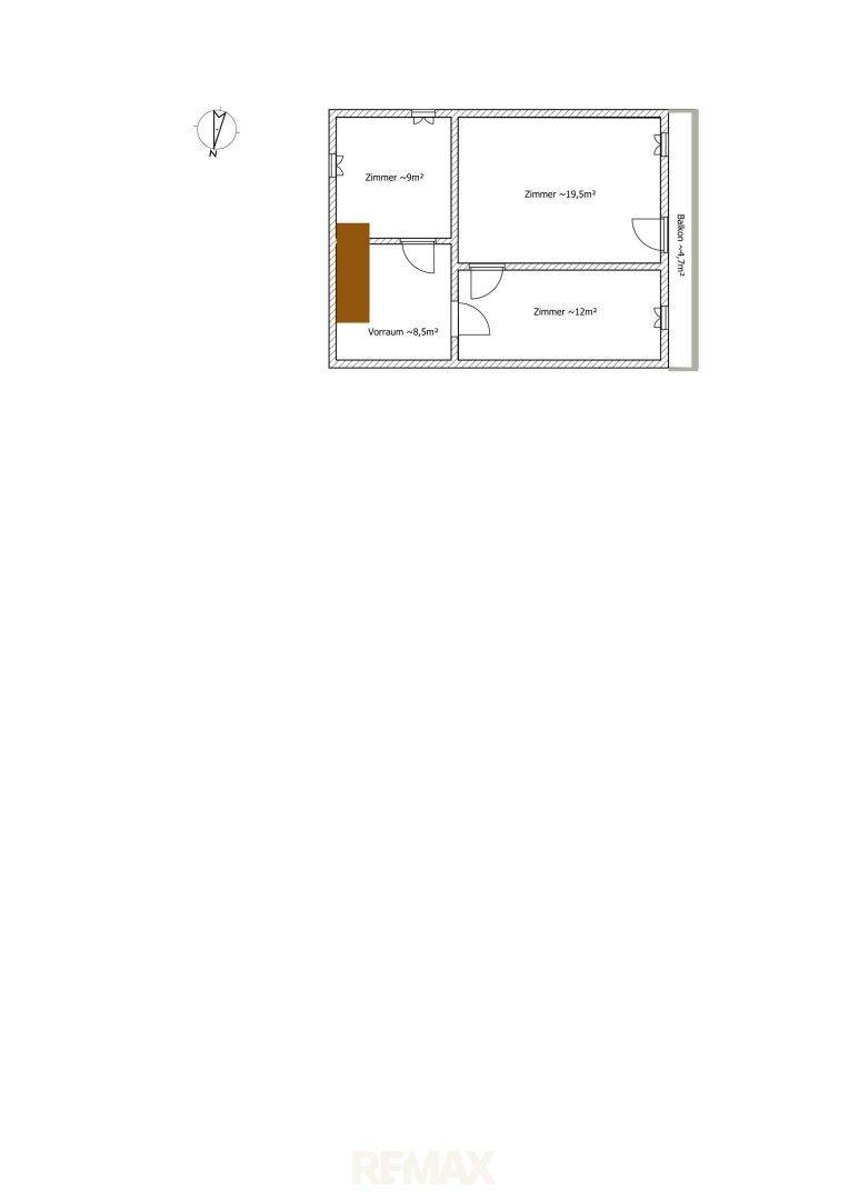 Grundrissplan einer Wohneinheit mit drei Zimmern, einem Vorraum und einem Balkon.