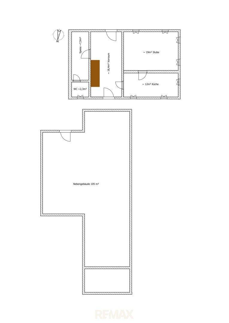 Grundrisspläne einer Wohneinheit mit Küche, Stube, Speis und WC sowie einem separaten Nebengebäude.