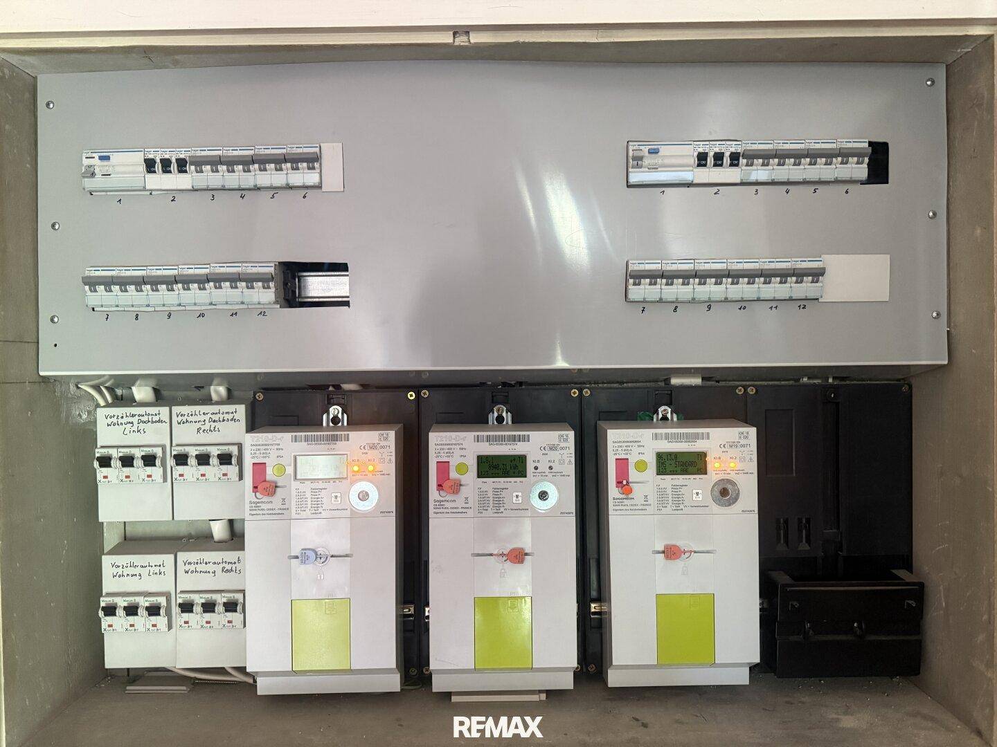 Elektrischer Verteilerkasten mit mehreren Zählern und Sicherungen.