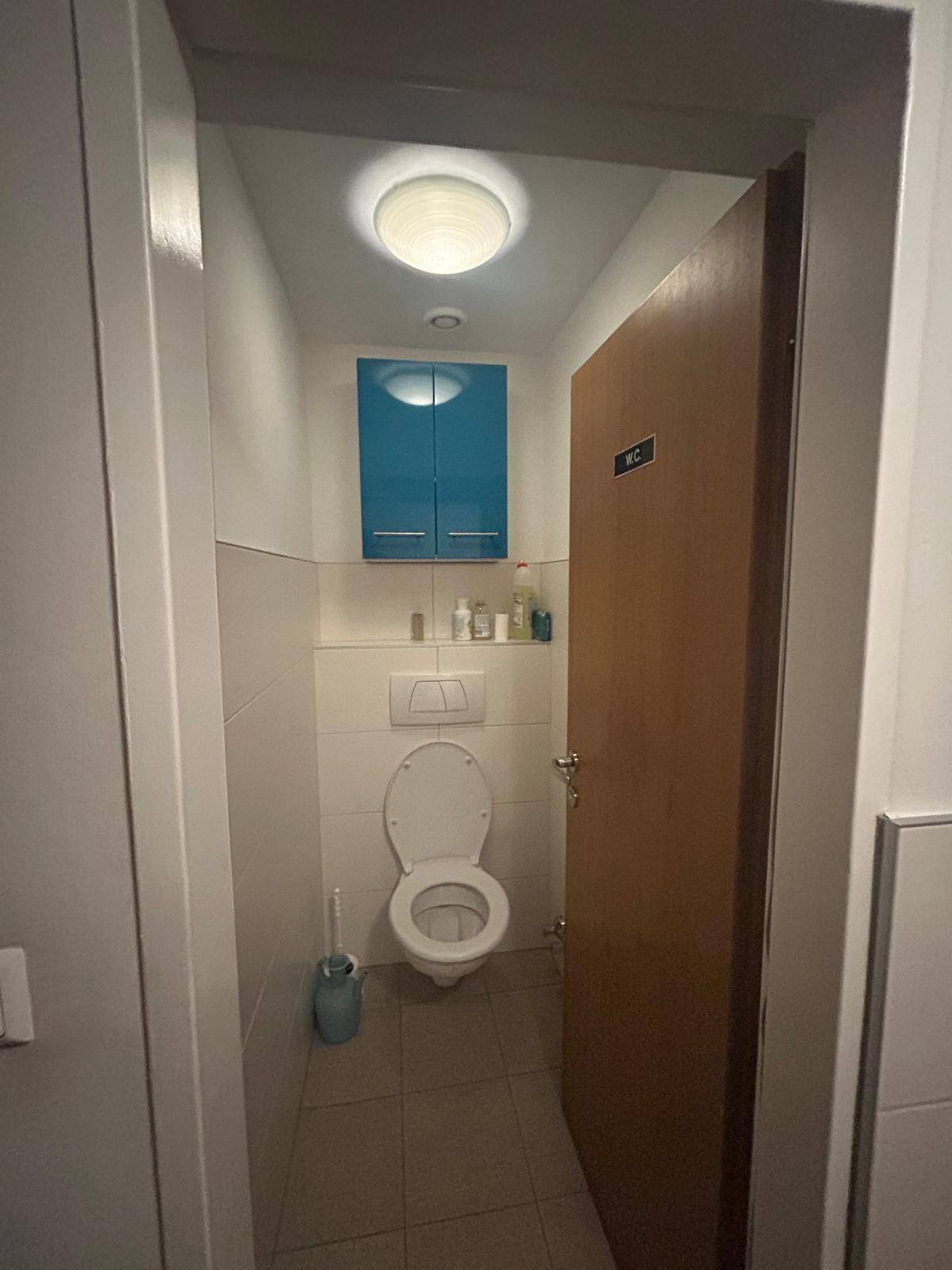 Helles WC mit Toilette, weißen Fliesen und einem blauen Wandschrank für zusätzlichen Stauraum.