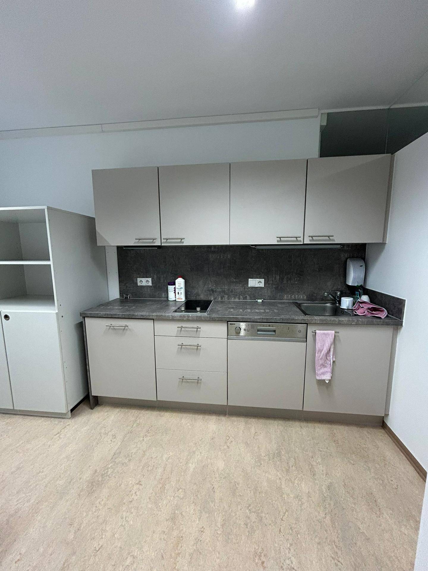 Moderne Küchenzeile mit hellgrauen Schränken, Spülmaschine und Induktionskochfeld, praktisch und stilvoll.