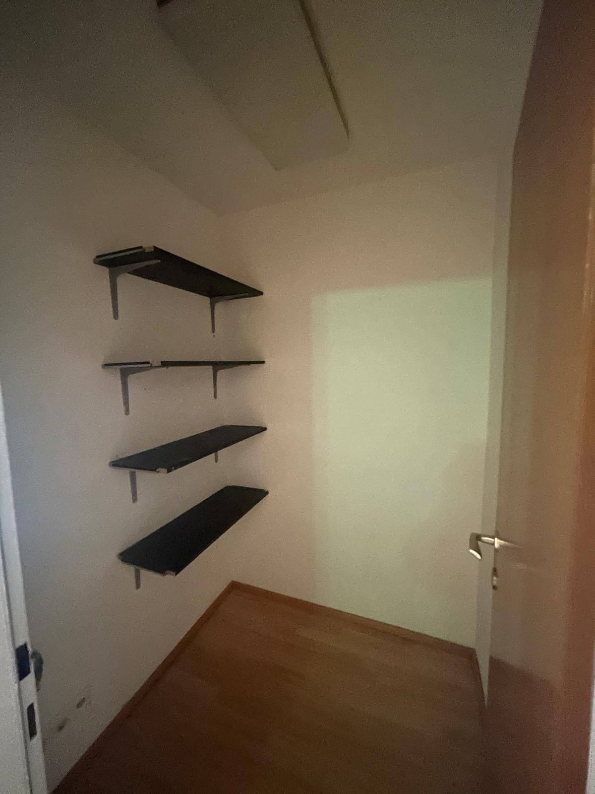 Praktischer Abstellraum mit Regalen und Laminatboden, bietet zusätzlichen Stauraum.