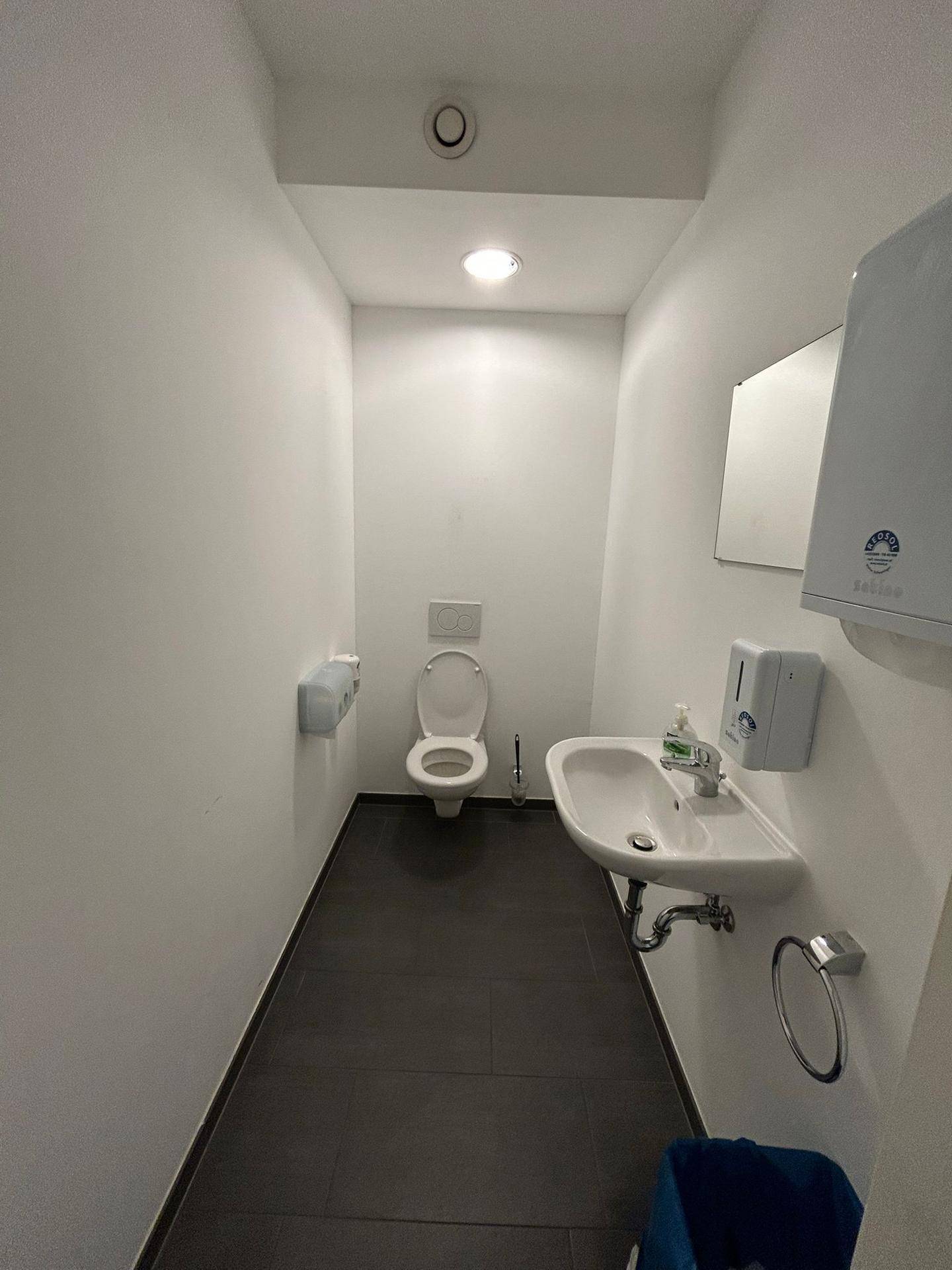 Schmale Gästetoilette mit dunklem Fliesenboden, wandhängendem WC und kleinem Waschbecken.