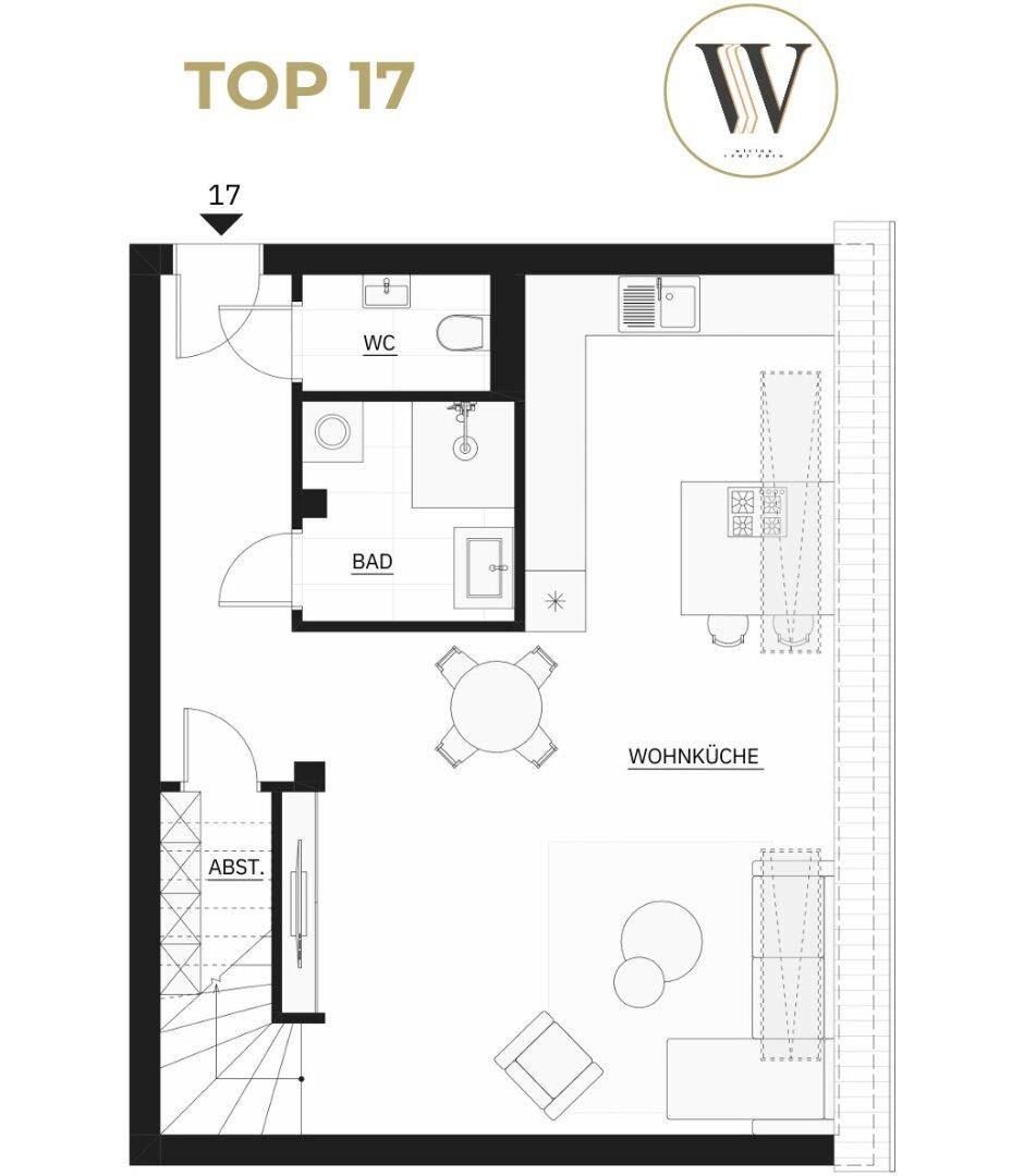 Grundriss der ersten Ebene mit offener Wohnküche, Bad, WC, Abstellraum und Balkon.